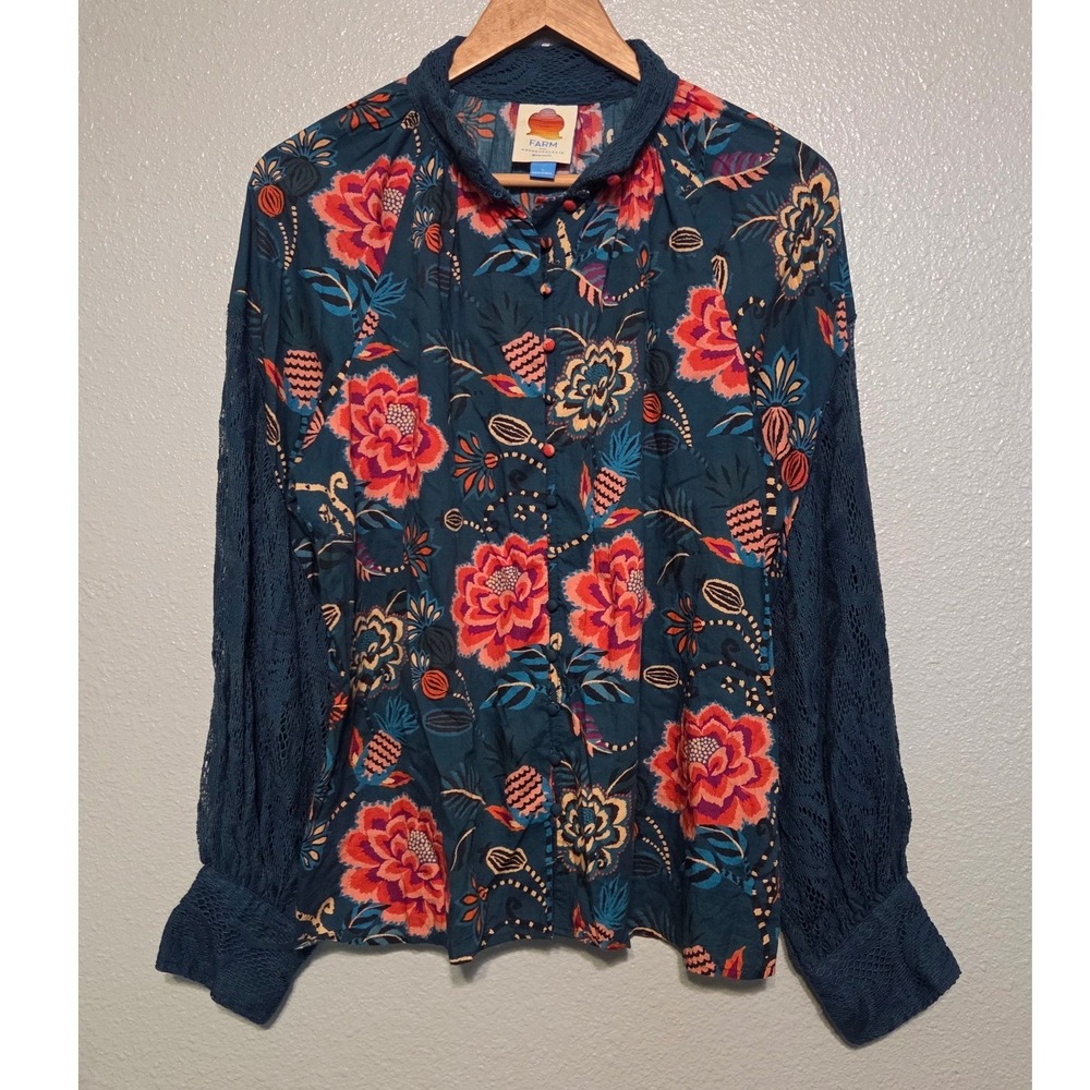 Farm Rio Anthropologie Floral Blouse Lrg Teal Lace Sleeve Boho Romantic Peasant - Picture 3 of 16